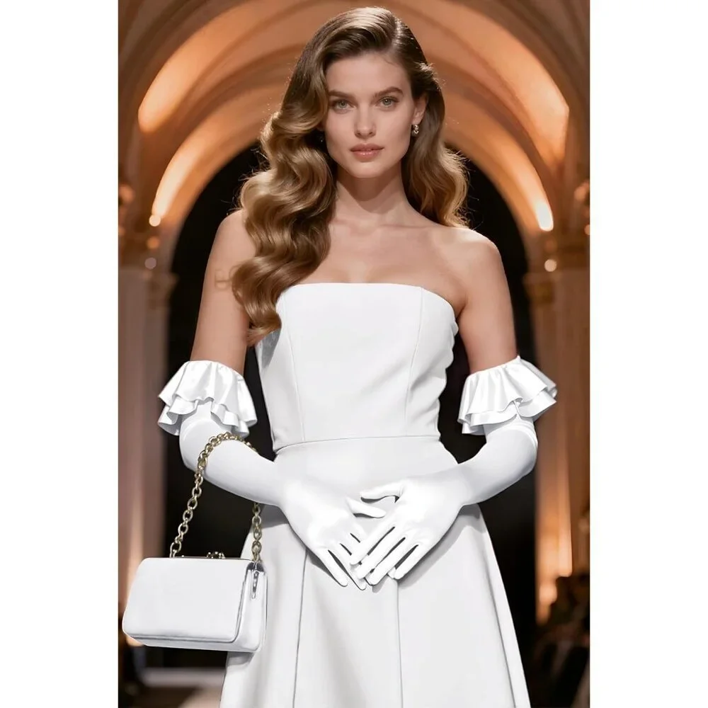 Women's White Long Satin Ruffle Cuff Stretchy Sleeves Gloves Wedding Costume